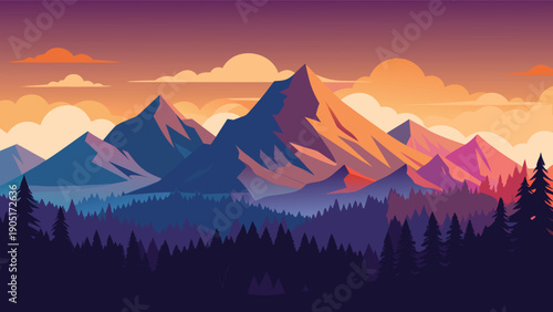 A vibrant digital illustration depicts a majestic mountain range silhouetted against a colorful sunset high-quality