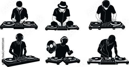 Black silhouettes of disc jockeys performing with turntables, mixers, and headphones, music performers set isolated on white background for design.