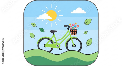 Green bicycle with flower basket on sunny hillside with leaves blowing in the wind outdoors