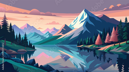 A stylized landscape depicts majestic mountains reflected in a calm lake at sunset high-quality professional