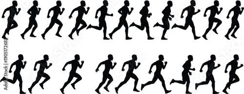Sequence of Male Runner Silhouettes Showing Running Motion Progression vector illustration