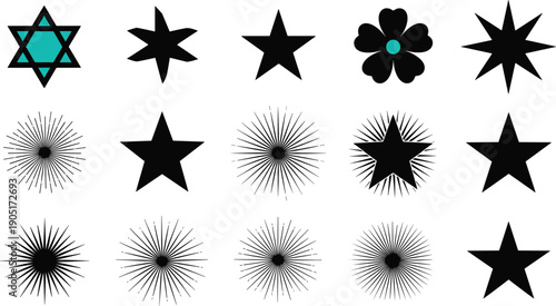 Black silhouettes of stars, sunbursts, flowers, and geometric icons including a blue hexagram, isolated on white background for graphic design.