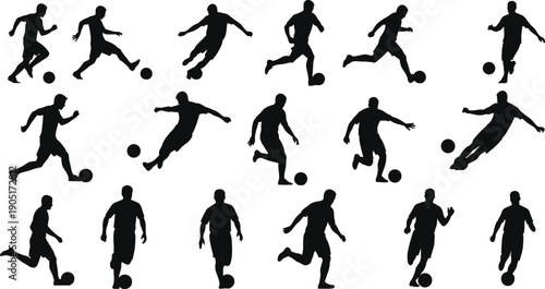 Black silhouettes of male soccer players in various action poses, dribbling, kicking balls, running, and playing football on white background.