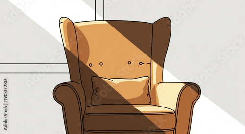 Brown leather armchair with pillow in modern room interior with sunlight