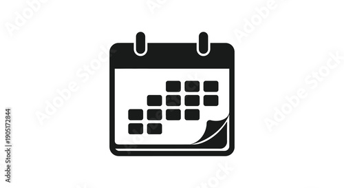 A simple black and white icon depicts a wall calendar with a flipped page symbolizing time and scheduling