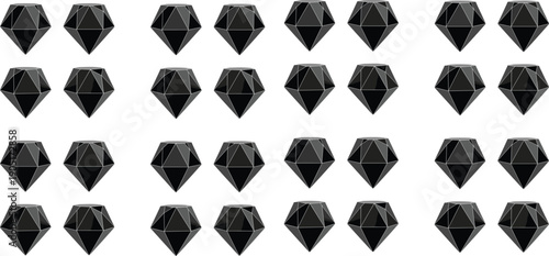 Luxurious Background of Multiple Black Polished Diamonds and Shiny Dark Gemstones Arranged in a Geometric Grid Over a Plain White Background