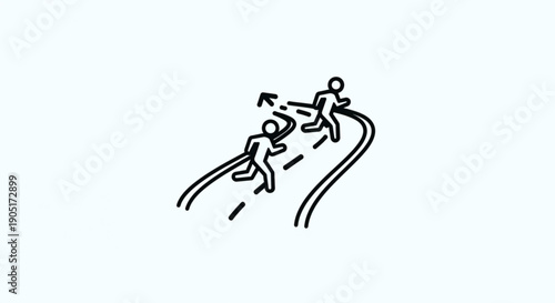 Three stick figures running on a winding road with one taking the lead symbolizing competition and progress in a minimalist style