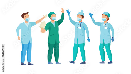Happy doctors give high five. Hospital team of medics with medical uniform, masks and gloves giving mask and glove as symbol of surgical operation success, help and support cartoon vector ... See More