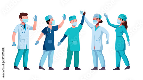 Happy doctors give high five. Hospital team of medics with medical uniform, masks and gloves giving mask and glove as symbol of surgical operation success, help and support cartoon vector ... See More