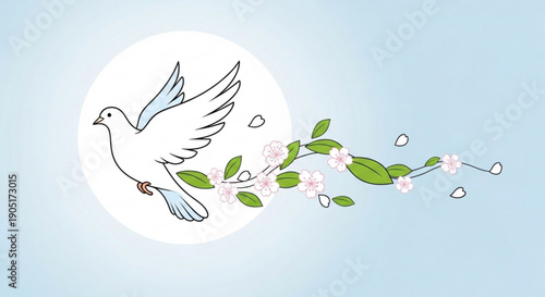 White dove flying with olive branch and flowers on light blue background symbolizing peace and harmony in nature
