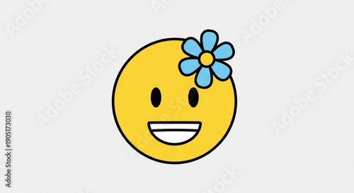 Smiling yellow emoji face with blue flower on forehead happy expression simple cartoon style white background
