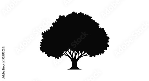 A stark black silhouette of a full leafy tree stands prominently against a bright white background high quality