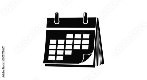 A simple black and white icon depicts an open wall calendar with pages slightly curled at the corner