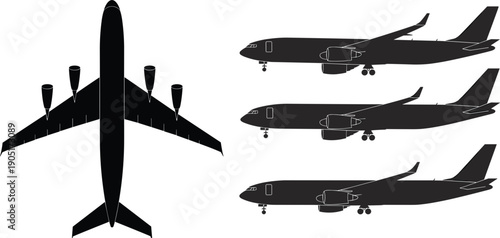 Silhouettes of Airplanes Top View and Side Views on White Background Keywords: airplane, aircraft, jet, plane, aviation, flight