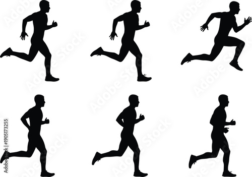 Six Black Silhouettes of Male Runners in Motion on White Background running