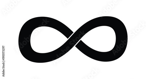 A stark black infinity symbol is prominently displayed on a clean white background representing endlessness high quality professional