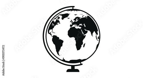 A striking black and white illustration depicts a vintage globe showcasing continents and oceans with a classic design high quality