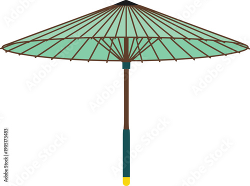 Traditional Japanese Paper Umbrella with Wooden Handle and Teal Canopy Keywords: umbrella, parasol, asian, japanese, traditional