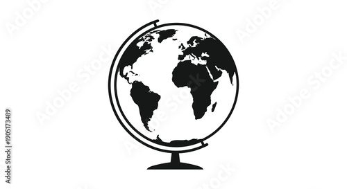 A black and white illustration depicts a classic world globe resting on a stand symbolizing global connectivity