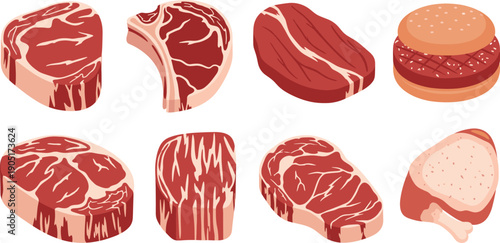 Set of fresh raw beef steaks including ribeye tenderloin sirloin and t-bone cuts with burger patty and chicken leg for butcher shop design