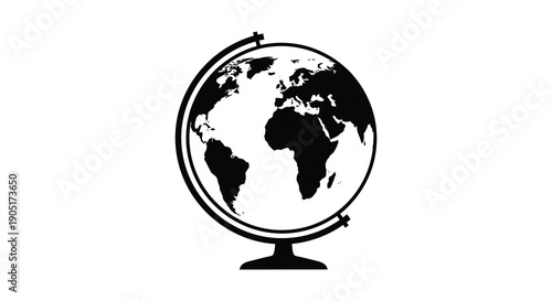 A simple black and white illustration depicts a classic globe with visible continents representing exploration and global connectivity