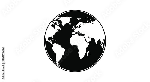 A stark black and white illustration depicts a circular globe showcasing the continents of africa and europe high quality professional