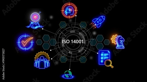 ISO 14001 icons. International Organization for Standardization technology matrix global security with digital spot light and stretch glowing 4k video animation