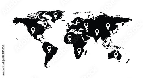 A black and white world map illustration features several location pin icons marking points of interest internationally