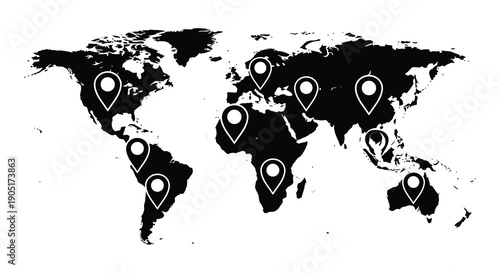 A stark black and white world map is illustrated with numerous location pin markers highlighting global points high quality professional
