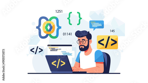 Man coding on laptop computer with code symbols.