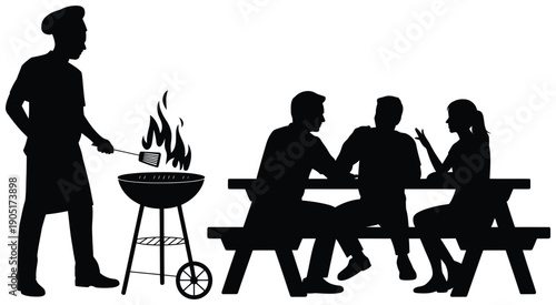 silhouette chef grilling barbecue with family picnic outdoor meal.