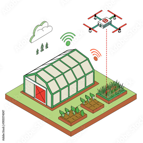 Smart agriculture isometric concept featuring automated greenhouse and agricultural drone technology. Precision farming illustration with smart greenhouse system, monitoring drone, and organic crop .
