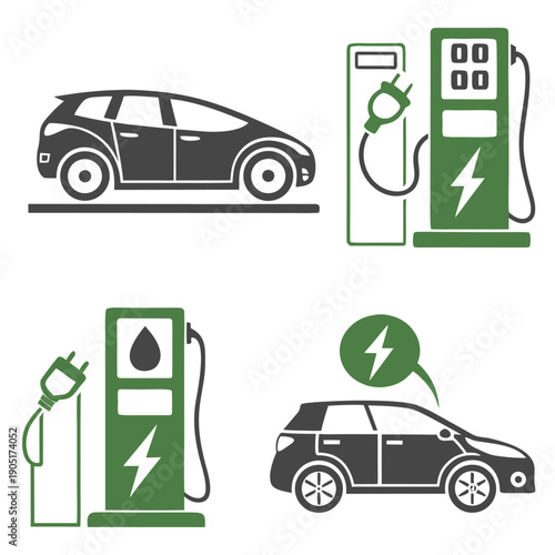 Electric vehicle charging station icons and hybrid car infrastructure flat vector set. Green energy transport icons featuring electric car and sustainable power refueling points.