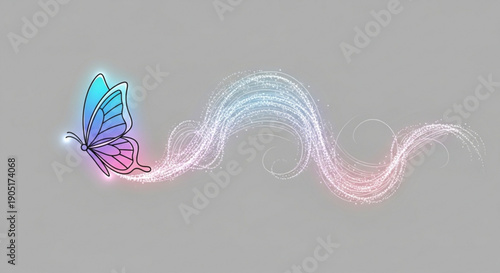 Colorful butterfly with flowing smoke trail on gray background symbolizing freedom and transformation in a dreamy atmosphere