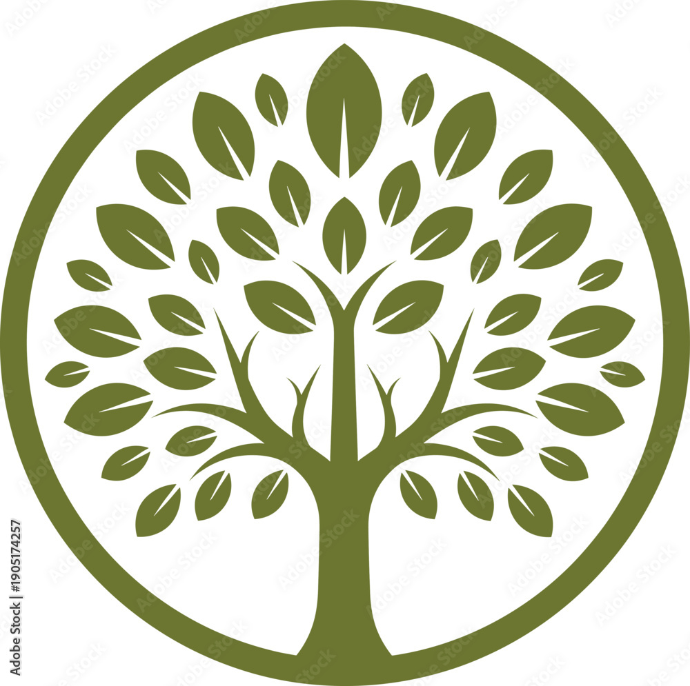 Obraz premium Green tree of life emblem inside circular frame, eco nature growth and sustainability vector symbol design