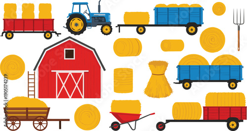 Set of rustic farm vector illustrations featuring a red barn blue tractor hay bales and harvest wagons for agricultural and countryside design