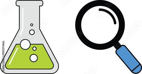 Laboratory flask and magnifying glass icons representing science research, analysis, and discovery vector symbol design