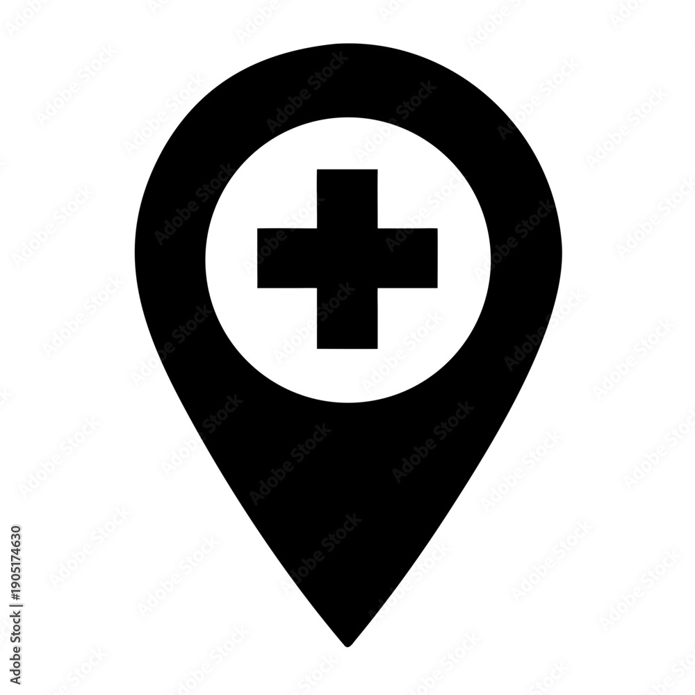 Fototapeta premium Black and white icon of a medical location pin with a cross symbol