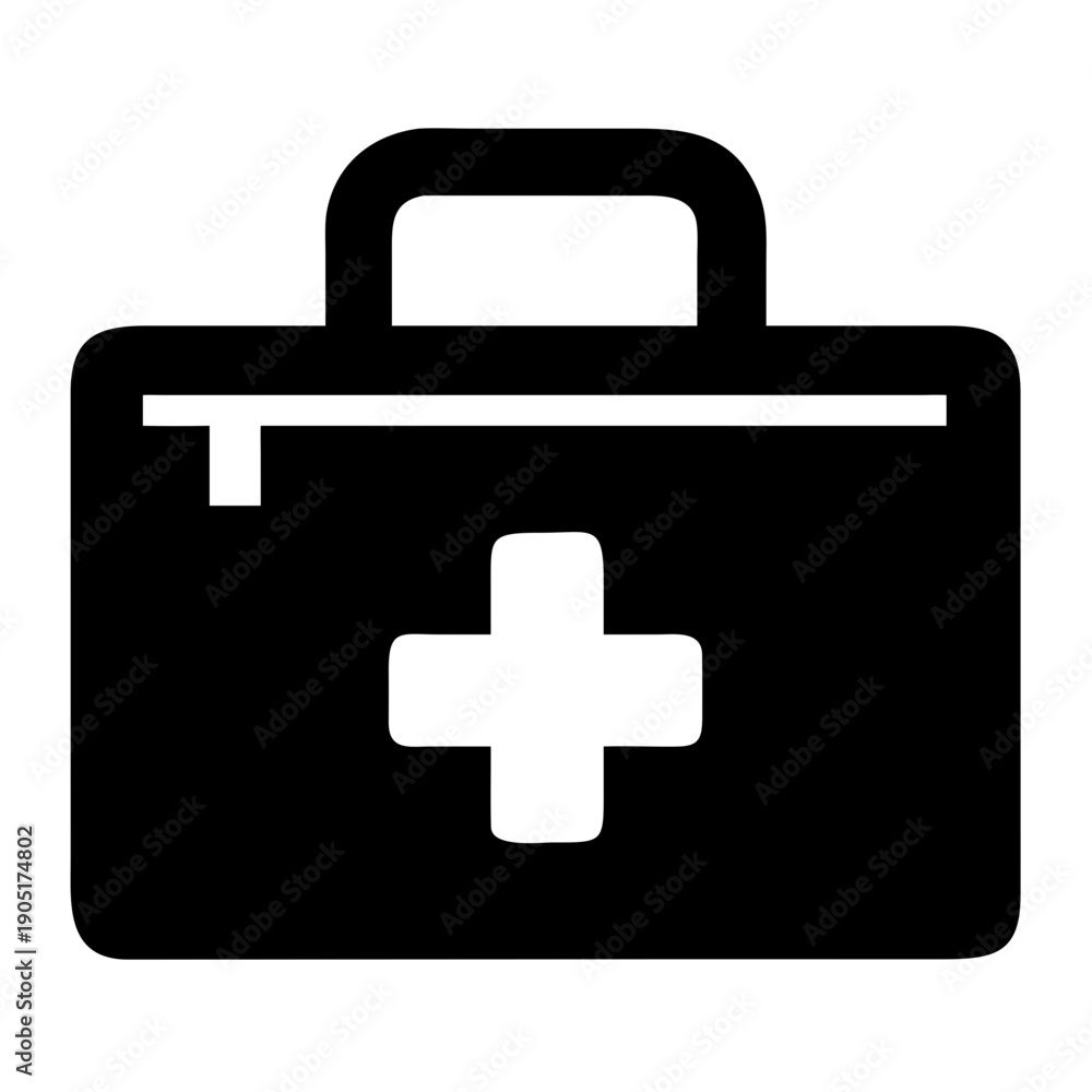Obraz premium Medical icon featuring a first aid kit with a white cross symbol on black background