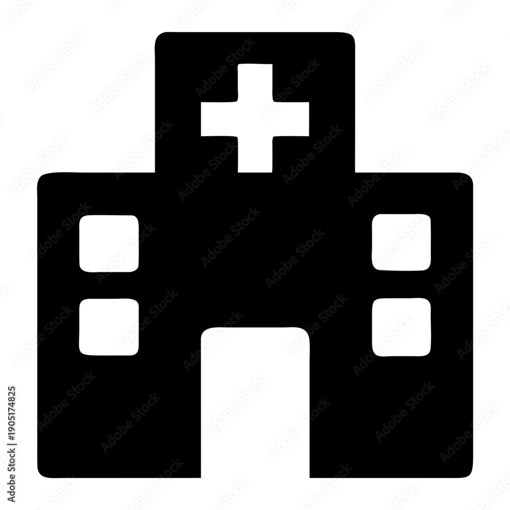 Obraz premium Black and white icon of a building resembling a hospital with a cross symbol on top