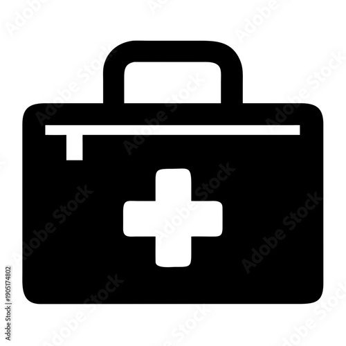 Medical icon featuring a first aid kit with a white cross symbol on black background