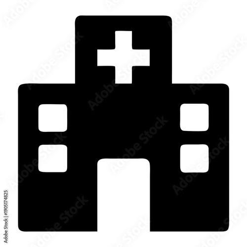 Black and white icon of a building resembling a hospital with a cross symbol on top