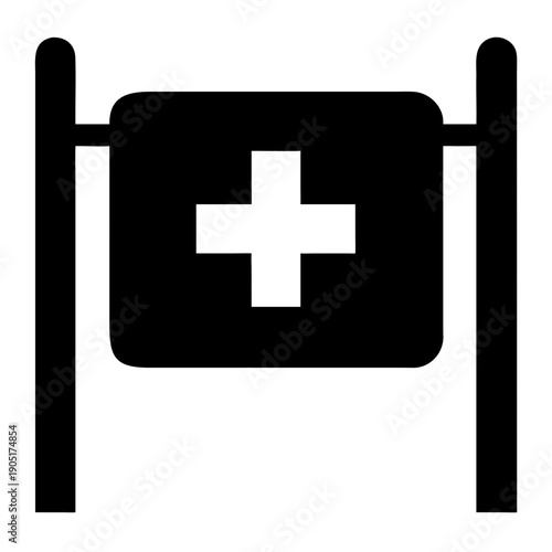 Medical aid sign displayed on a portable barrier for emergency access points