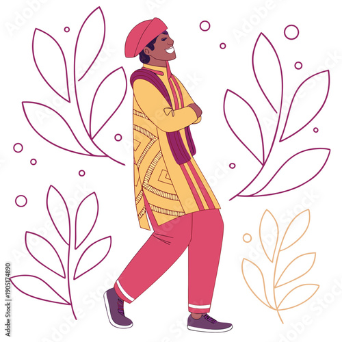 Cheerful South Asian man in traditional yellow and pink sherwani outfit celebrating with floral art background.Vector illustration of a happy young Indian man wearing ethnic festive clothing for Diwal