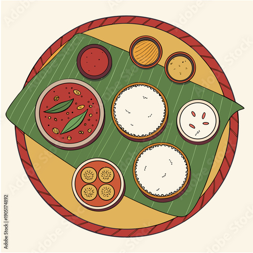 South Indian Thali Illustration with Rice and Curry on Banana Leaf Traditional Indian Meal Top View Vector Flat Design Food Background.