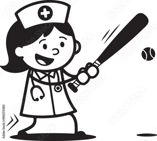 Cartoon nurse playing baseball, black and white vector illustration, isolated on white