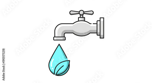 Water faucet with a single blue green water drop falling symbolizing conservation and sustainability