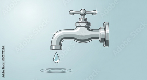 Leaking faucet with single water drop falling into small puddle on light blue background symbolizing water conservation and efficiency