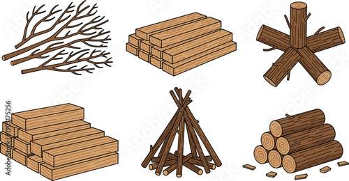 Set of various wood timber materials including stacks of planks forest branches and rustic logs for construction and carpentry design