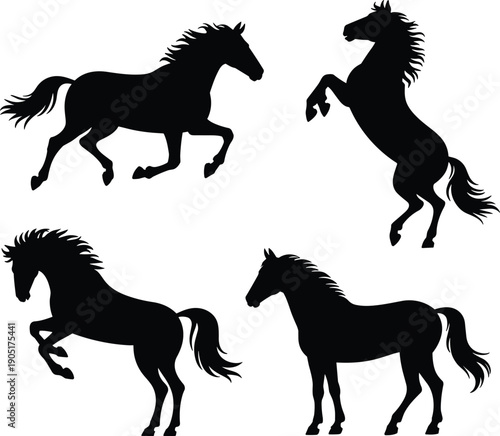 Black horse silhouettes set, running rearing standing poses, elegant equine vector collection isolated on white background, animal illustration pack premium design resource